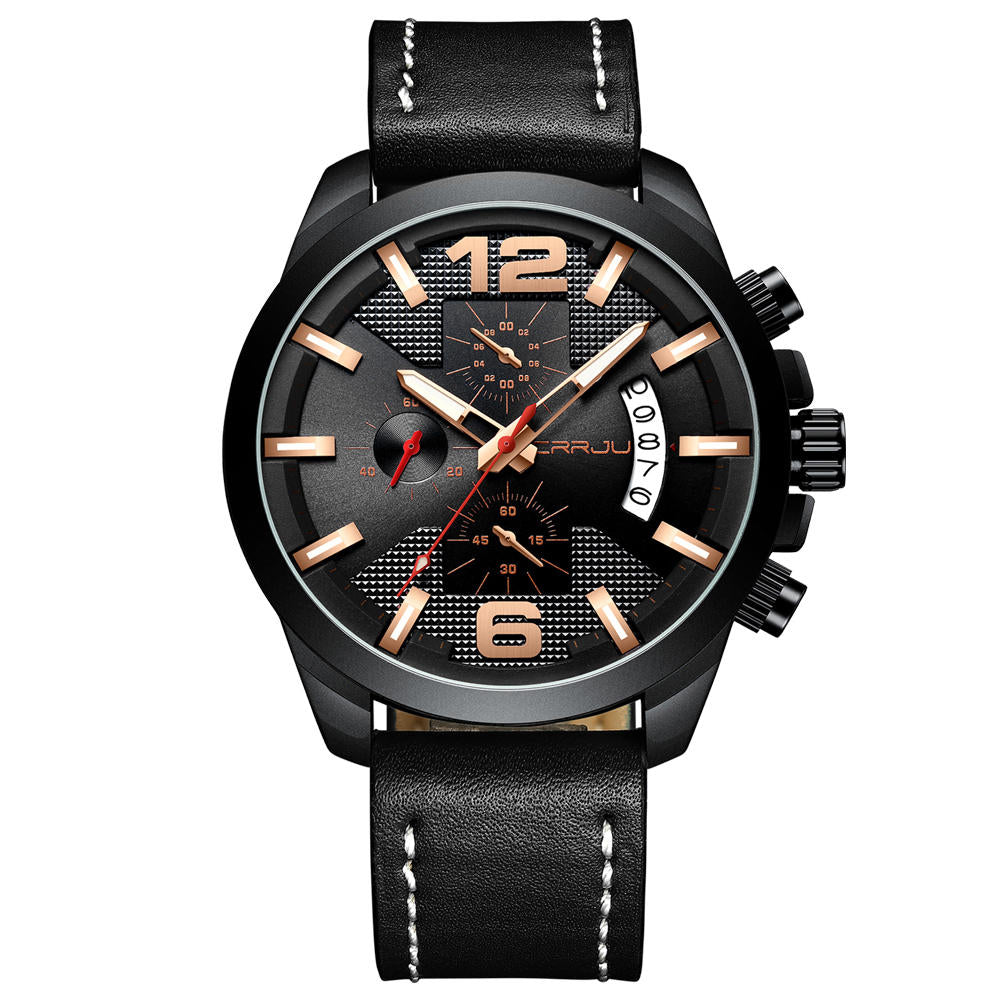 Men Luminous Display Calendar Chronograph Leather Strap Quartz Watch