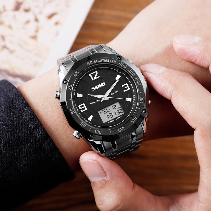 Multifunctional Luminous EL Light Calendar 3ATM Business Men Watch Dual Display Digital Watch