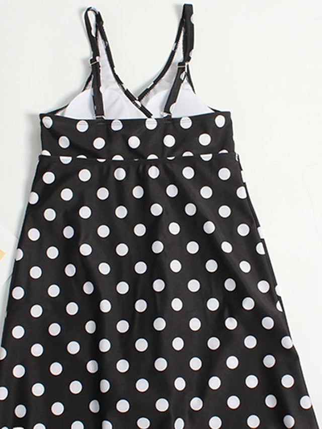 Plus Size Polka Dot Swim Dress: Tummy Control, Open Back, Padded, V Wire, Black, Women's Swimsuit