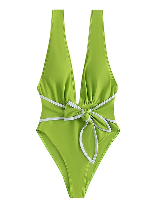 Women's Swimwear One Piece Monokini Bathing Suits Normal Swimsuit Backless Striped Green Black Plunge Bathing Suits New Vacation Sexy / Modern