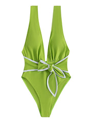 Women's Swimwear One Piece Monokini Bathing Suits Normal Swimsuit Backless Striped Green Black Plunge Bathing Suits New Vacation Sexy / Modern