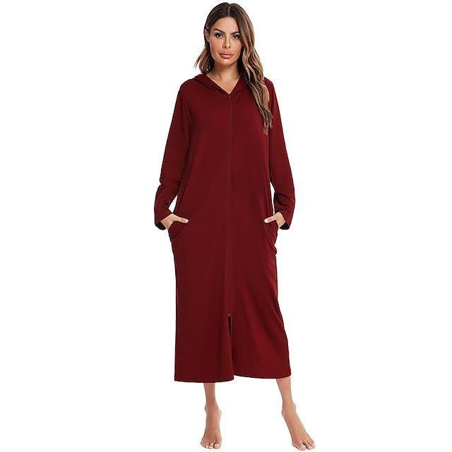 Women's Polyester Onesie Jumpsuit - Round Neck, Long Sleeve, Pocket, Zipper, Fall/Winter Comfort