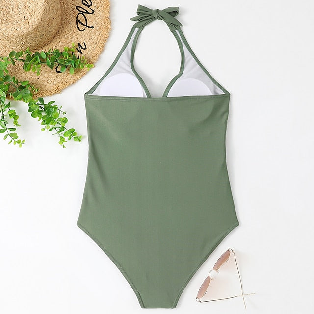 Women's Swimwear One Piece Normal Swimsuit Open Back Solid Color Leopard Leopard Print Black Wine Blue Green Bodysuit Bathing Suits Sports Summer