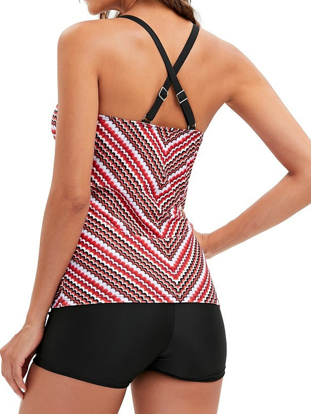 Plus Size Women's Geometric Tankini Swimsuit - Open Back, V Wire, Multi-Color