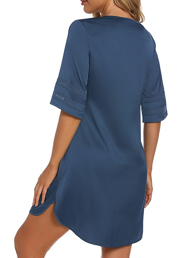 Women's Casual V-Neck T-Shirt Mini Dress - Cozy Patchwork Split Design for Home Lounge