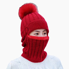 Women's Wool One-Piece Ski Hat: Warm, Velvet-Lined, Neck & Ear Protection, Fluff Ball Beanie