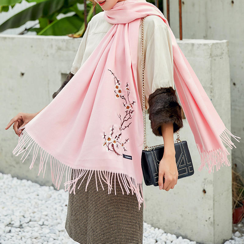 Elegant Plum Embroidery Tassel Scarf Shawl for Women - Winter Ethnic Style