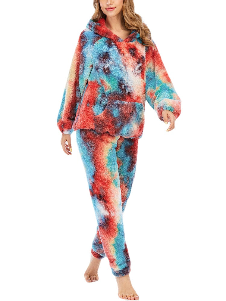Women's Tie Dye Fleece Hoodie & Pants Pajama Set - Casual Sleepwear with Kangaroo Pocket