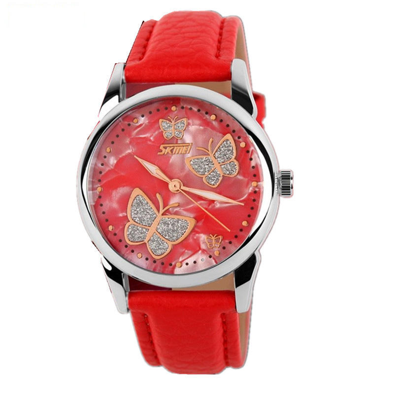 Butterfly PU Leather Band Life Waterproof Women Quartz Wrist Watch