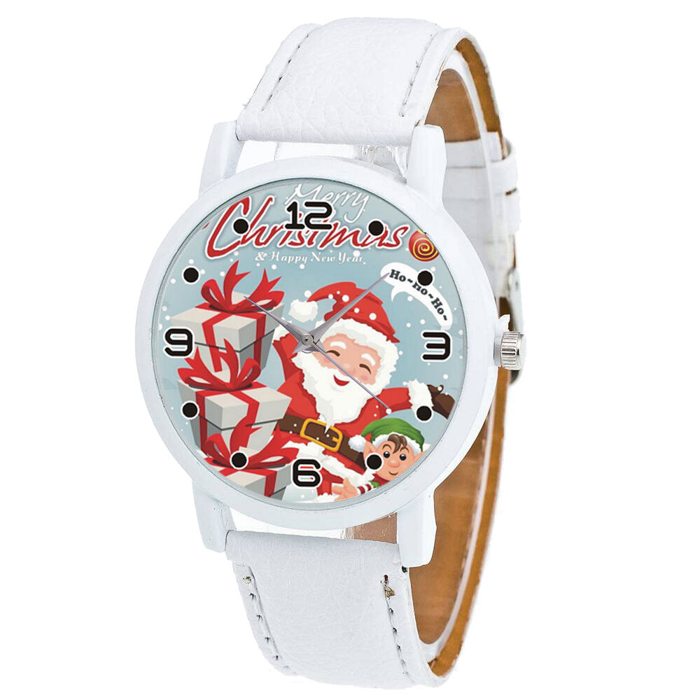 Christmas Santa Claus with Gift Pattern Cute Watch Leather Strap Men Women Quartxz Watch