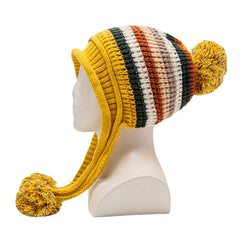 Women's Knitted Velvet Ear Protection Striped Fur Ball Warm Beanie Hat