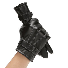 Black Waterproof Touchscreen Winter Gloves - Warm, Windproof, Full Finger, PU Leather, Thicken Cotton