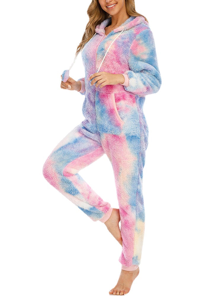 Women's Tie Dye Hooded Jumpsuit with Pockets & Zipper - Sleepwear