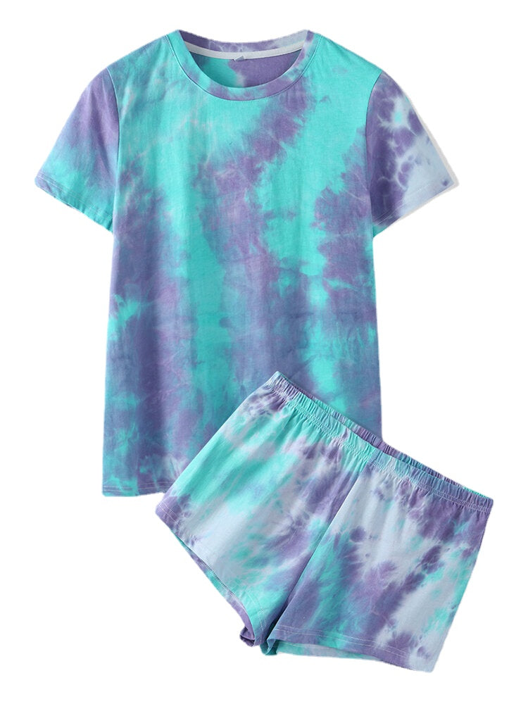 Women's Tie Dye Pajama Set - Short Sleeve, O-Neck, Soft Summer Sleepwear, 2-Piece