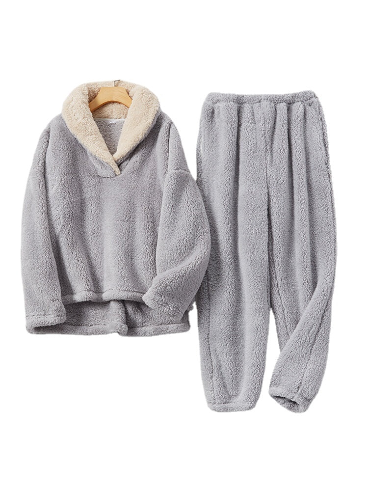 Women's Fluffy Plush Lapel Pajama Set - Warm High-Low Hem Loungewear