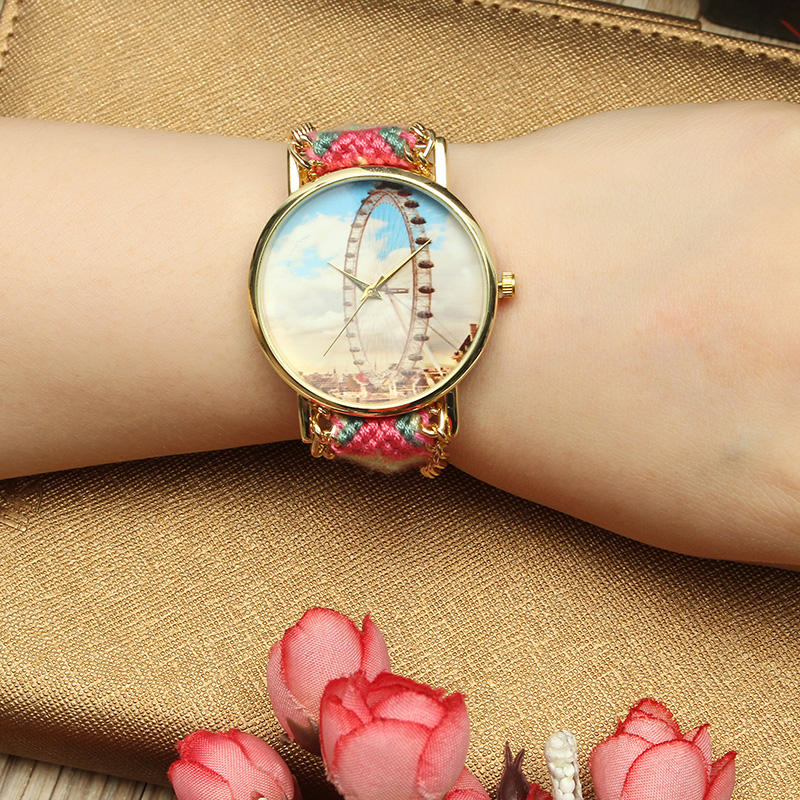 Custom Folk Style Women Watch Ferris Wheel Alloy Case Knitted Fabric Strap Casual Retro Quartz Wrist Watch