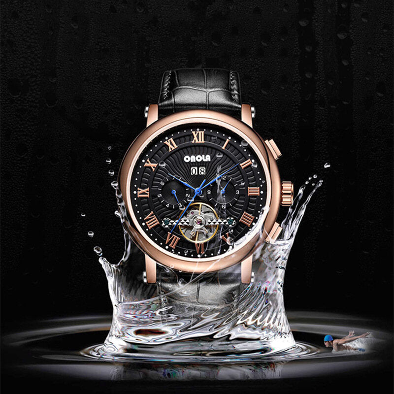 Men Automatic Watch Flywheel Hollow Date Display Leather Strap Mechanical Watch