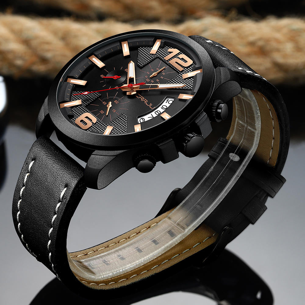 Men Luminous Display Calendar Chronograph Leather Strap Quartz Watch