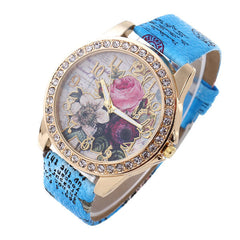 Fashion Bohemia Style Women Watch Leather Strap Retro Rose Pattern Quartz Watch