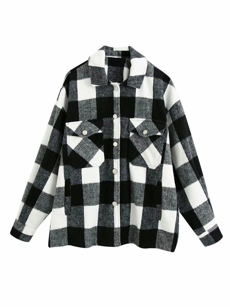 Women Plaid Button Front Lapel Long Sleeve Casual Coats With Multi Pocket