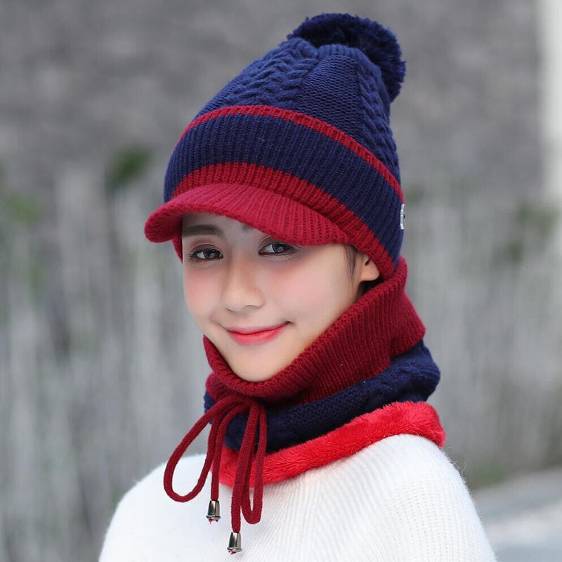 Warm Wool Beanie & Scarf Set - Winter Pom Cap