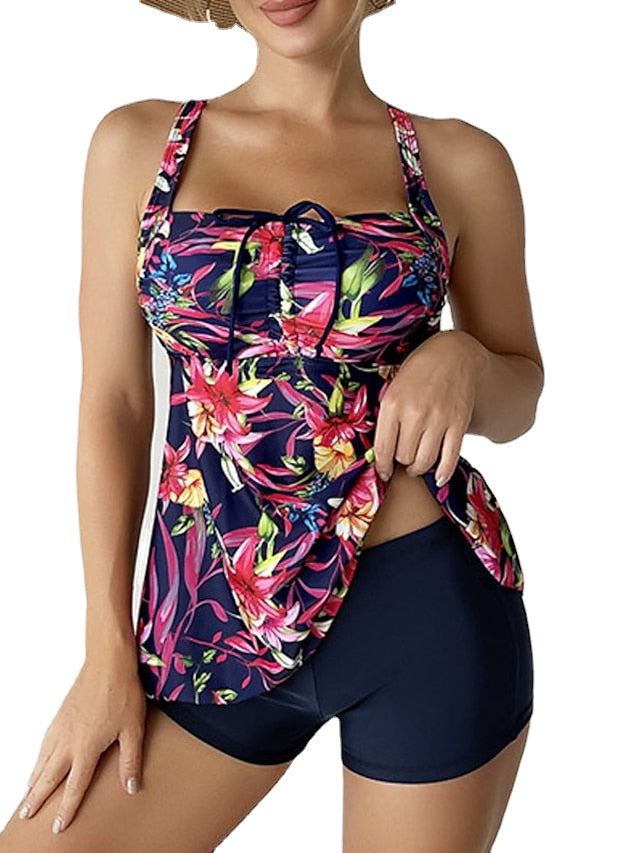 Plus Size Floral Tankini Swim Dress - Women's Open Back Camisole Swimsuit for Vacation