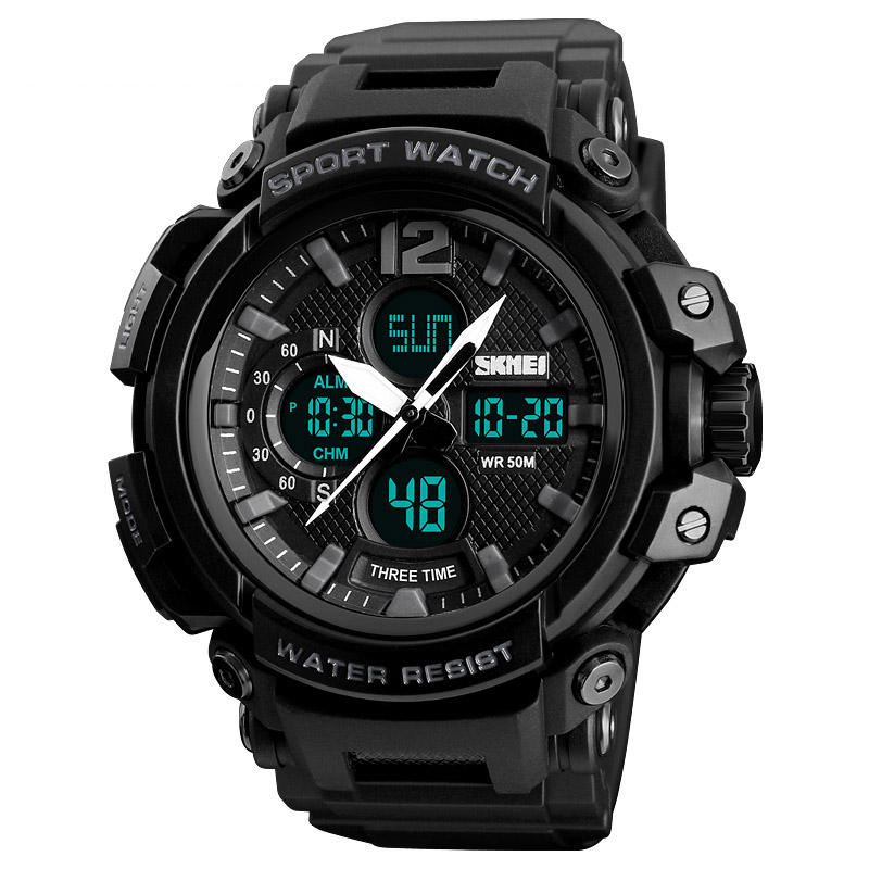 Digital Watch Dual Display Chronograph 3 Time Waterproof Alarm Digital Quartz Wrist Watch