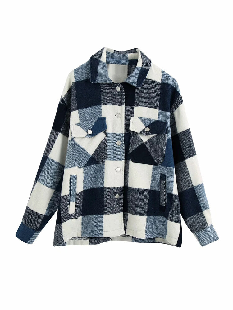 Women Plaid Button Front Lapel Long Sleeve Casual Coats With Multi Pocket