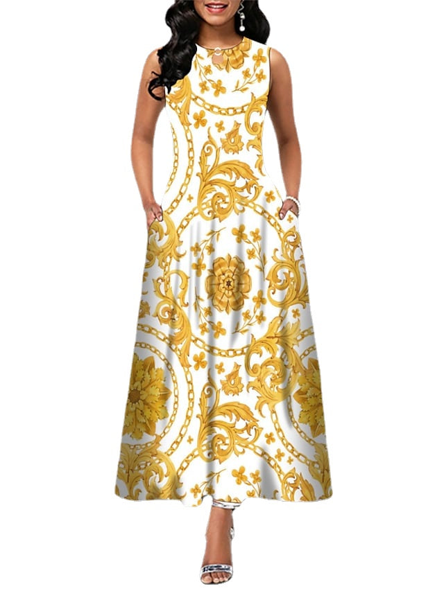 Women's Sleeveless Floral Crew Neck Casual Loose Fit Long Dress With Pocket