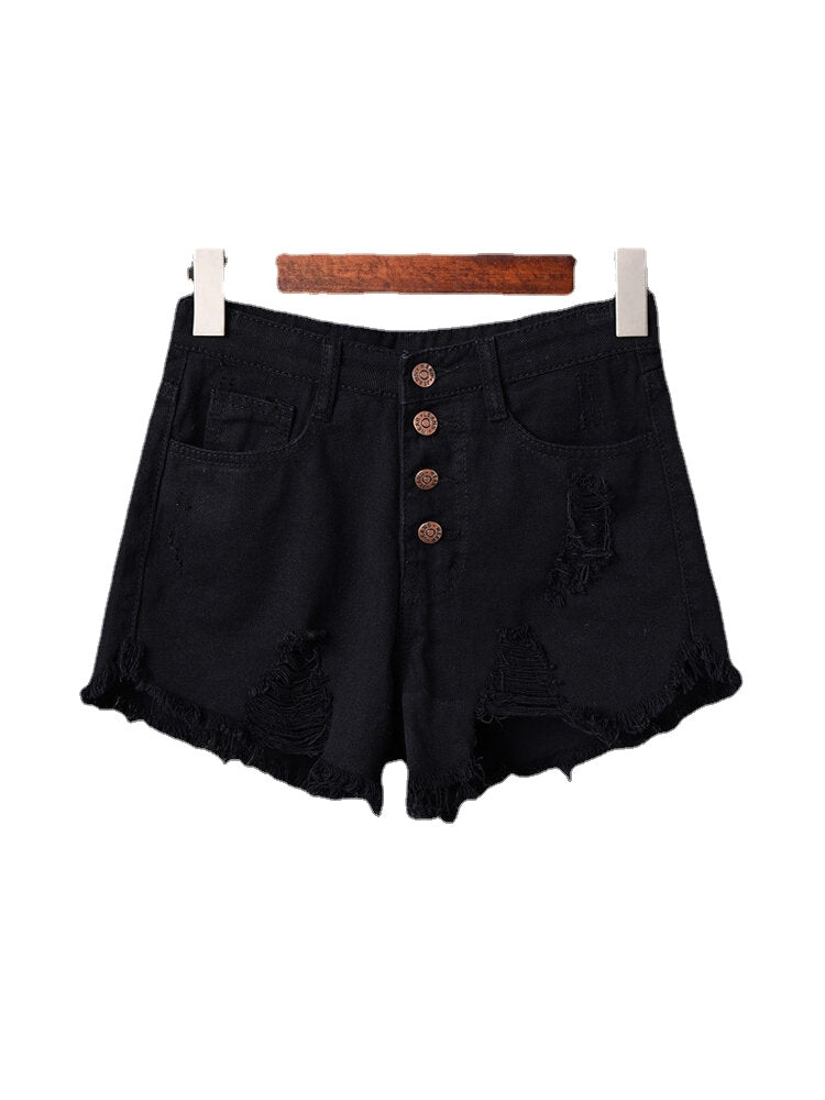 Women Button Up Pocket Loose Hollow Ripped Denim Shorts