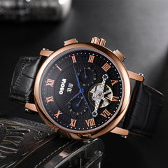 Men Automatic Watch Flywheel Hollow Date Display Leather Strap Mechanical Watch