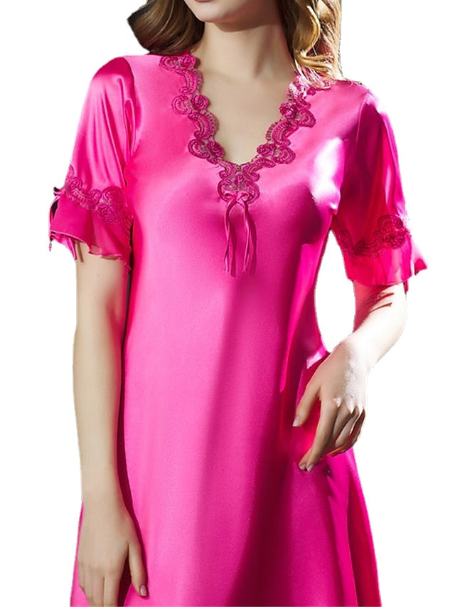 Elegant Women's Satin A-Line Mini Dress with Lace Bow, V-Neck, Solid Color for Home Lounge