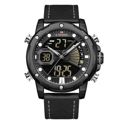 Casual Luminous Pointer Calendar Alarm Stopwatch Dual Time Display Genuine Leather Strap 3ATM Waterproof Men Watch