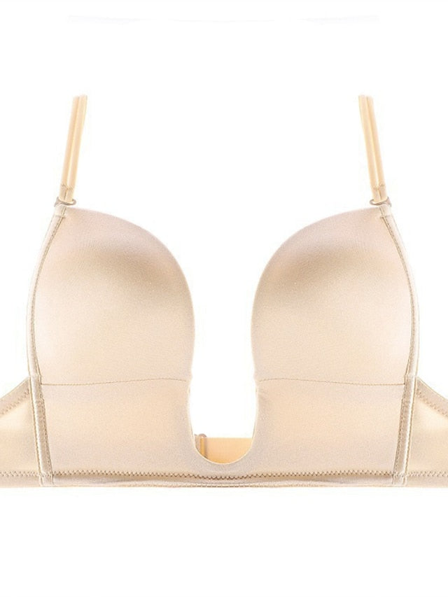 Women's Padded Bras Detachable Straps Demi Cup Shelf Bra Deep U Breathable Pure Color Hook & Eye