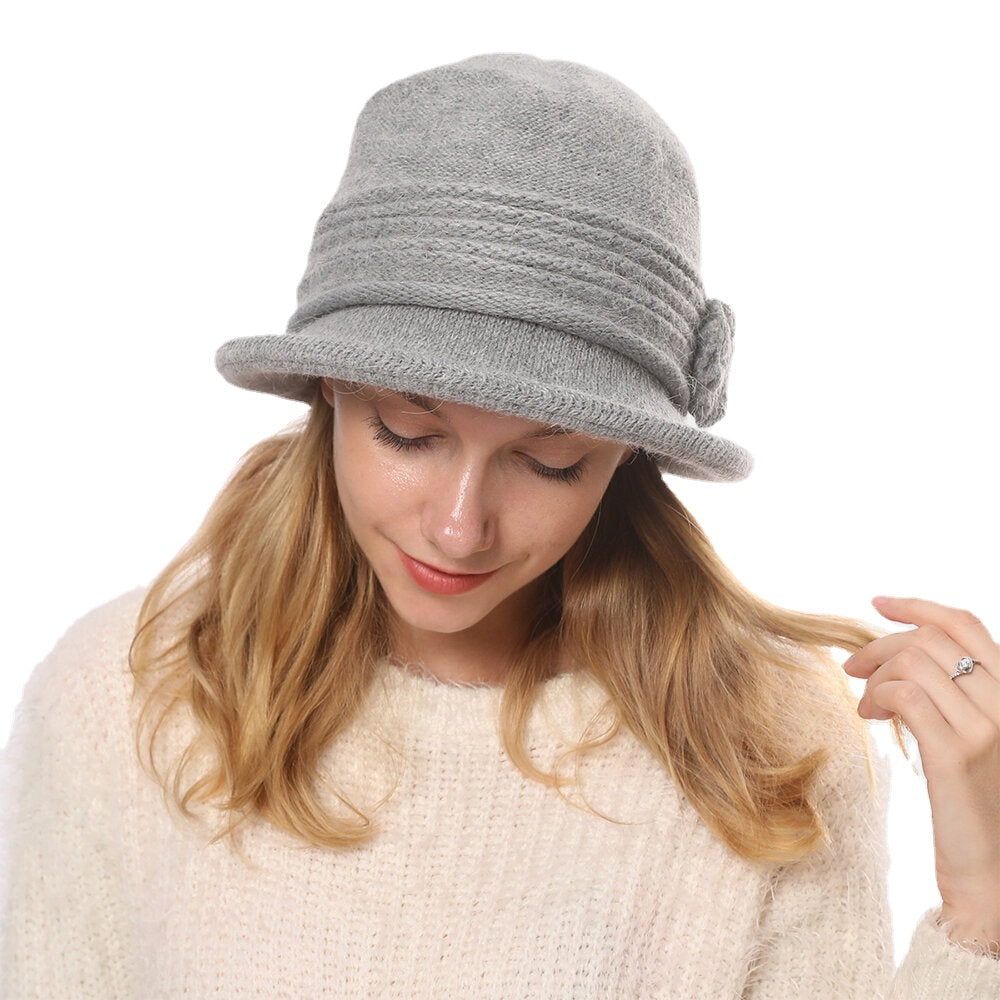 Women's Warm Knitted Bucket Hat with Flower Decoration