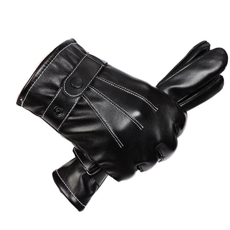 Black Waterproof Touchscreen Winter Gloves - Warm, Windproof, Full Finger, PU Leather, Thicken Cotton