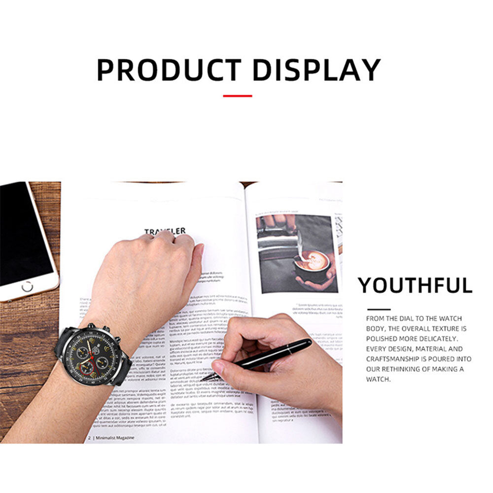 6 Colors Alloy Faux Leather Strap Business Casual Three Eyes Decor Luminous Calendar Quartz Watch