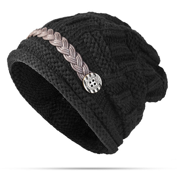 Women's Crochet Knit Beanie Hat with Button Detail - Baggy Style