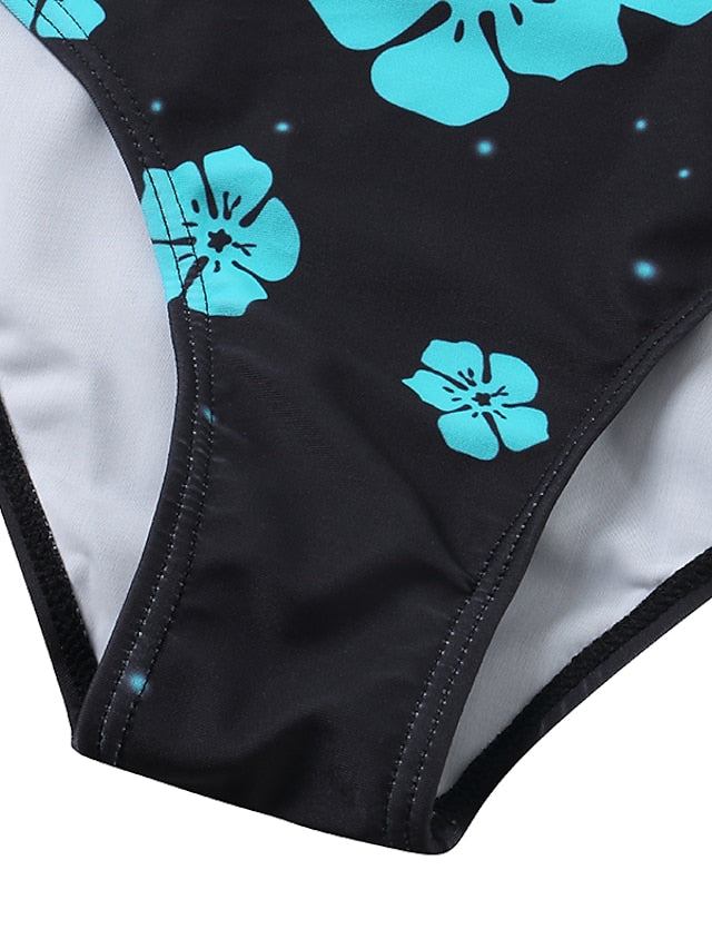 Women's Floral Print One Piece Monokini Swimsuit - High Waisted, Padded, V Wire, Sexy, Sporty