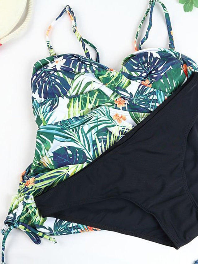 Plus Size Women's 2-Piece Tummy Control Swimsuit, Open Back, Green Leaf Print, Big Bust, Vacation Ready