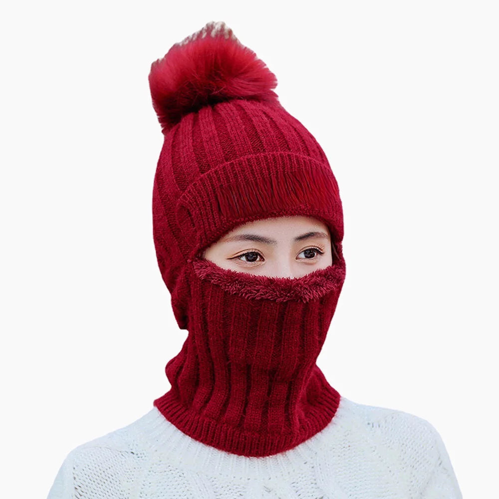 Women's Wool One-Piece Ski Hat: Warm, Velvet-Lined, Neck & Ear Protection, Fluff Ball Beanie