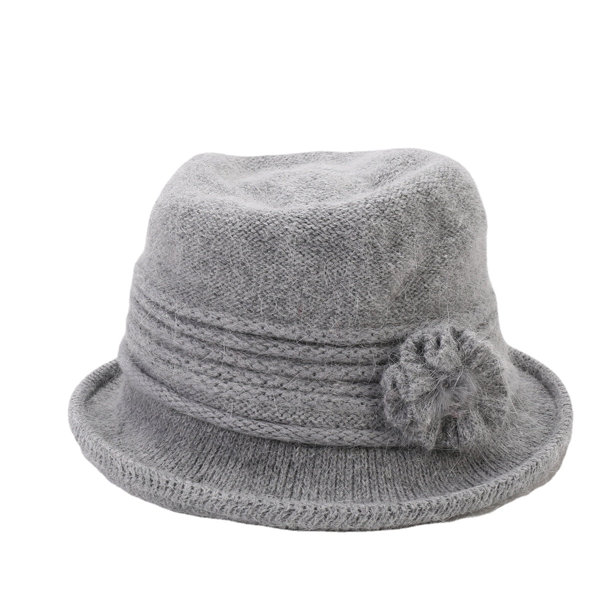 Women's Warm Knitted Bucket Hat with Flower Decoration