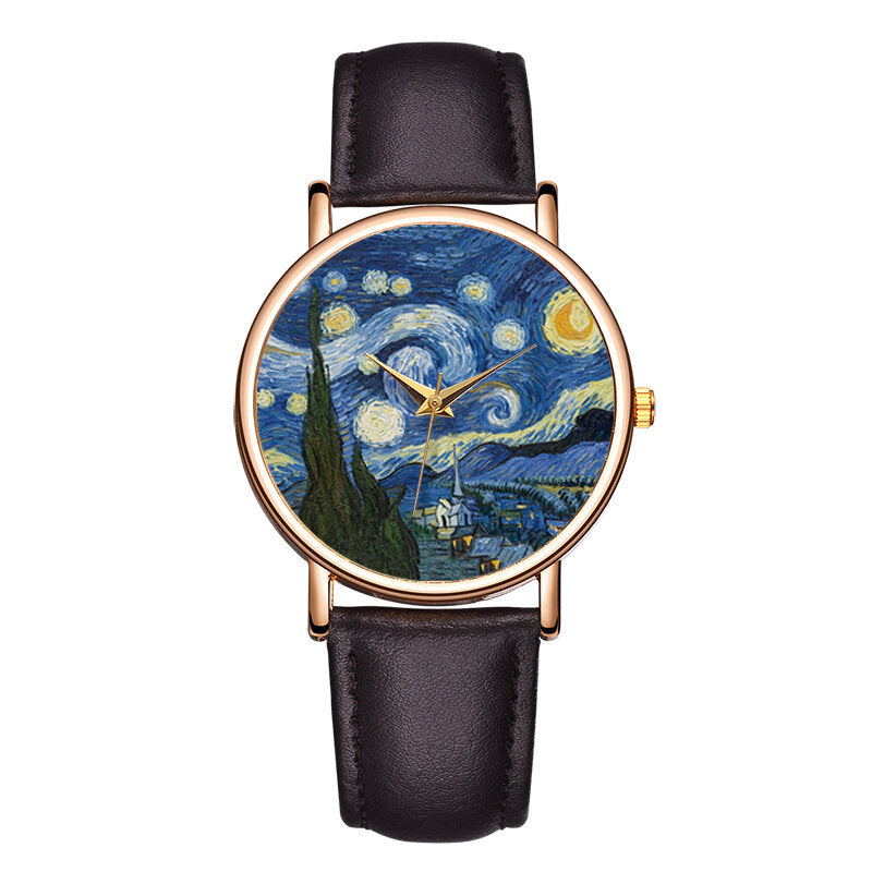 Casual Impressionist Art Painting Dial PU Leather Strap Men Quartz Watch