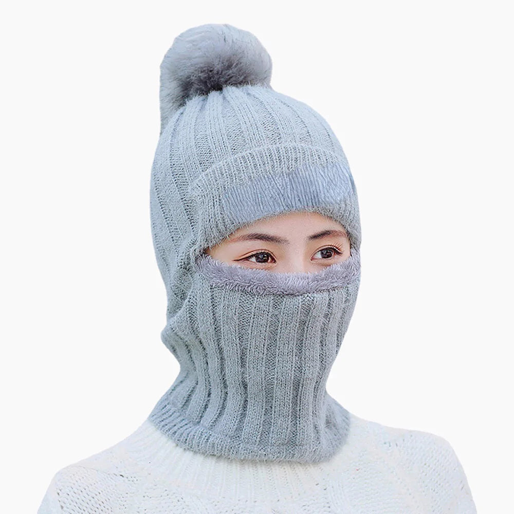 Women's Wool One-Piece Ski Hat: Warm, Velvet-Lined, Neck & Ear Protection, Fluff Ball Beanie