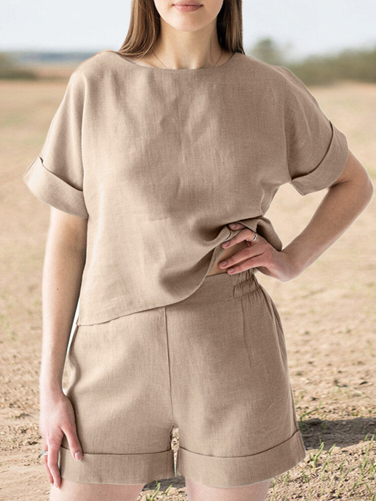 Leisure Solid Elastic Waist Pocket Short Sleeve Cotton Suit