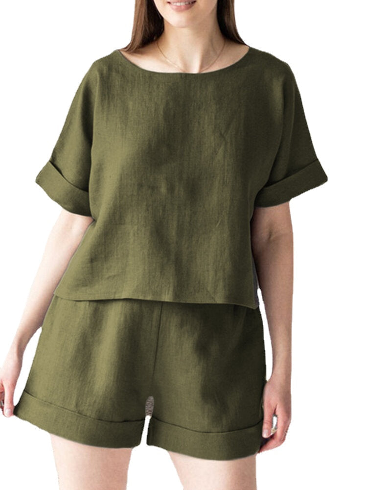 Leisure Solid Elastic Waist Pocket Short Sleeve Cotton Suit
