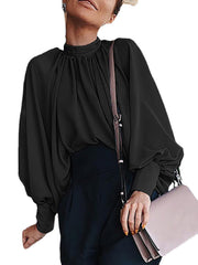 Women Plus Size Vintage Stand Collar Pearl Puff Sleeve Loose Casual Solid Color Blouses