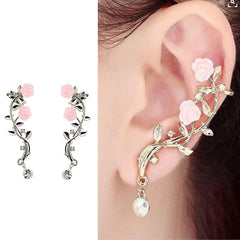 Elegant Pink Flower Womens Cuff Earring Silver Gold Color Piercing Clip Earrings