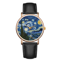 Casual Impressionist Art Painting Dial PU Leather Strap Men Quartz Watch