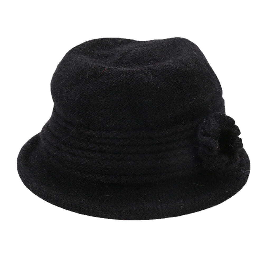 Women's Warm Knitted Bucket Hat with Flower Decoration